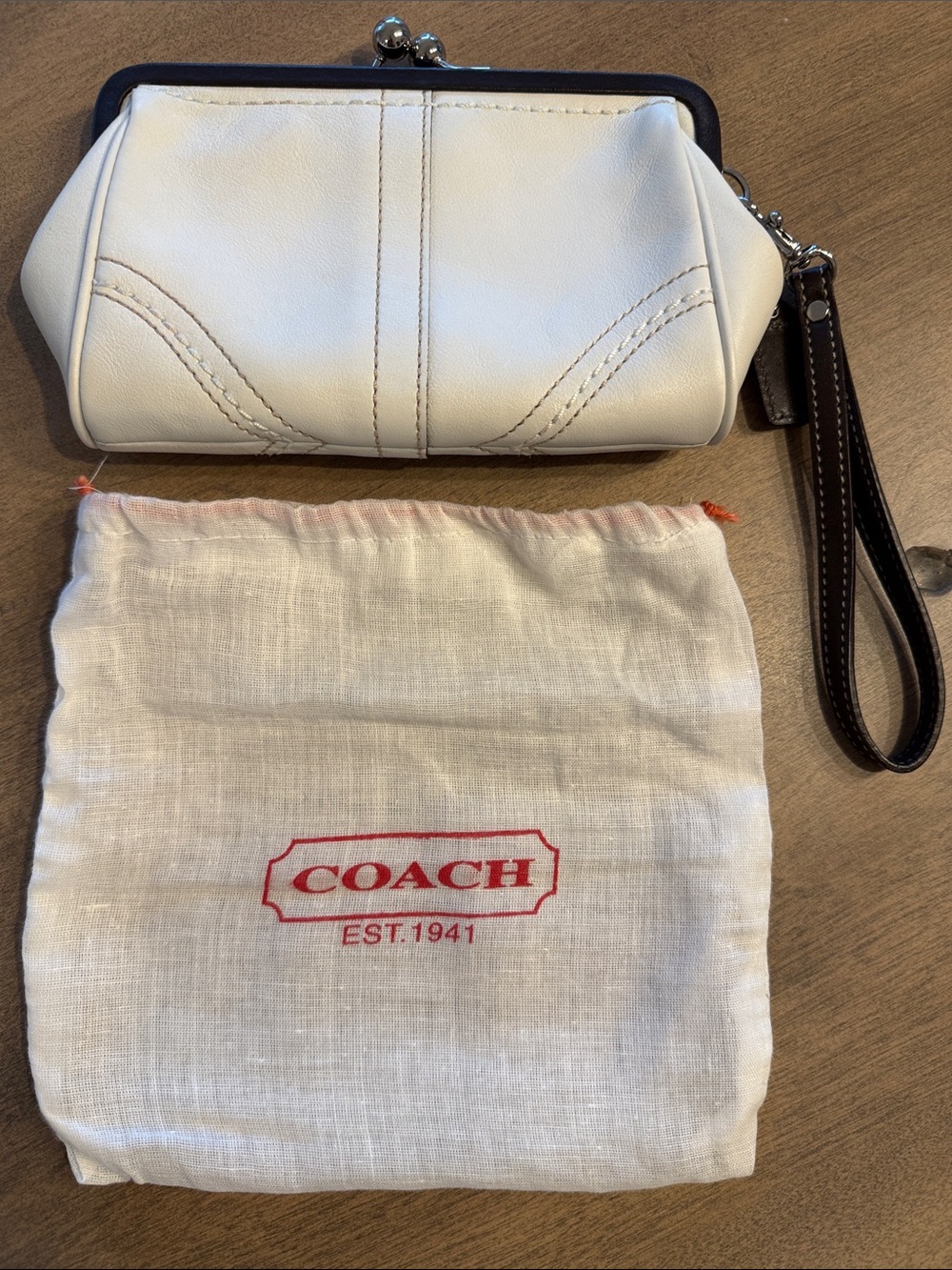 Coach White Leather Kiss-Lock Wristlet with Brown Strap